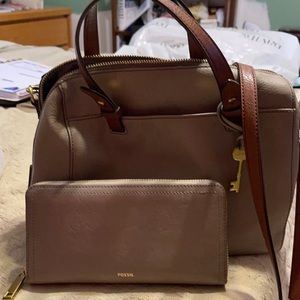 Fossil leather satchel in tan/grey,  brown strap/handles with MATCHING wallet!